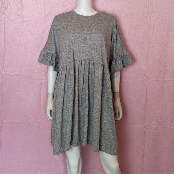 Nasty Gal Gray Frill in Love Short Sleeve Oversized Casual Lounge Dress Size 12 - Picture 1 of 7